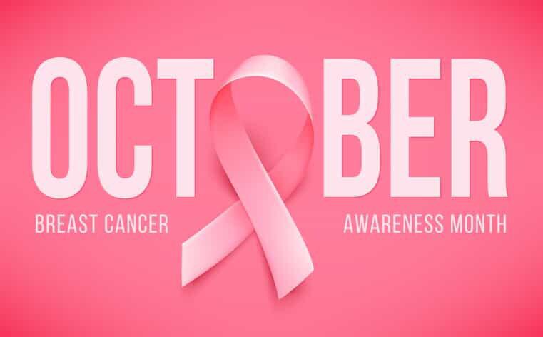 October Breast Cancer Awareness Month is displayed in large text with a pink ribbon in the center, set against a pink background, symbolizing support for this vital medical cause.