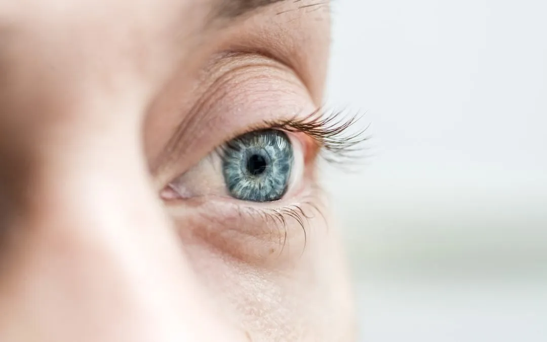 Close up of a bright blue left eye