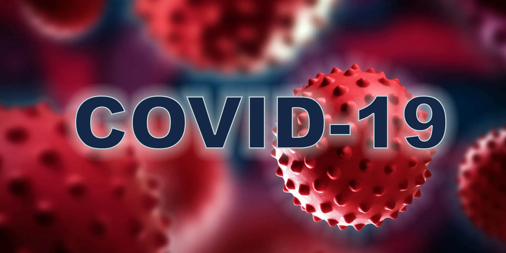 A titled photo saying “COVID-19” with virus models in the background.